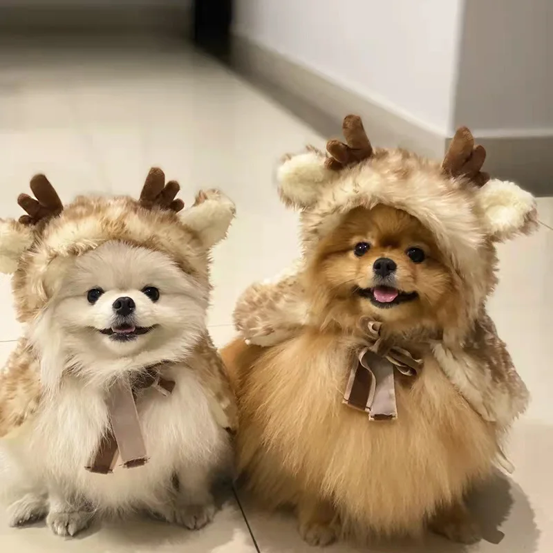 Amaz Hot Selling Christmas Dog Costume Elk Cloak Warm Dog Cat Clothes Winter Hat