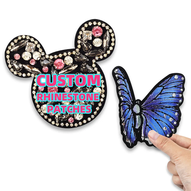 Custom Logo Black Number Star Bling Iron On Custom Patch Embroidered Embroidery Chenille Gem Diamond Rhinestone Patches