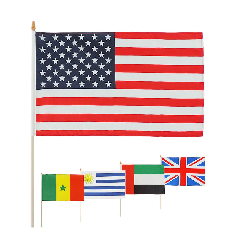 HLY Customizable 100% Polyester Custom Malaysia flag Logo Small Hand Held Waving Flag With Plastic or Wood Pole