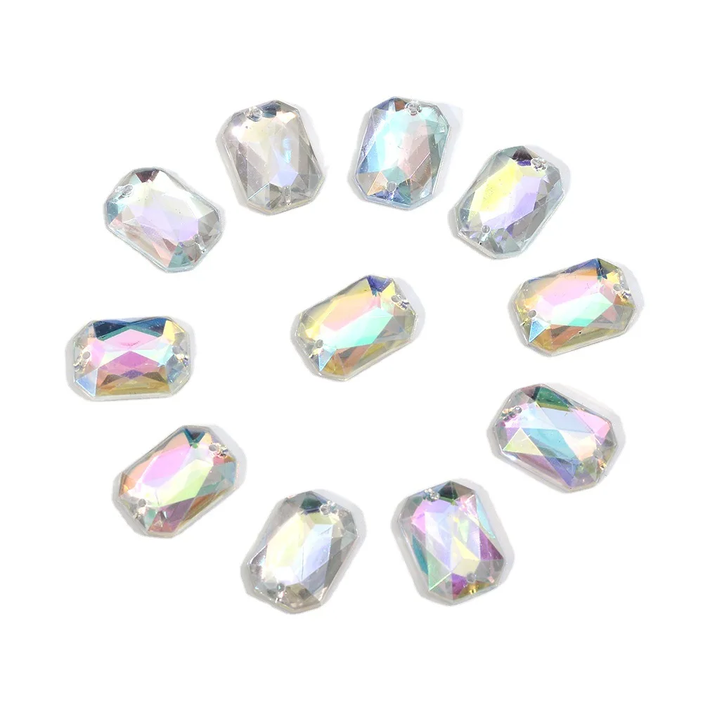 Acrylic AB color flat bottomed rectangular octagonal chamfered surface double hole hand sewn drill clothing shoes and hats