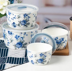hot sale plastic Blue roses ceramic new bone china good leakproofness fresh bowl microwave oven bowl 4pcs preservation bowl set