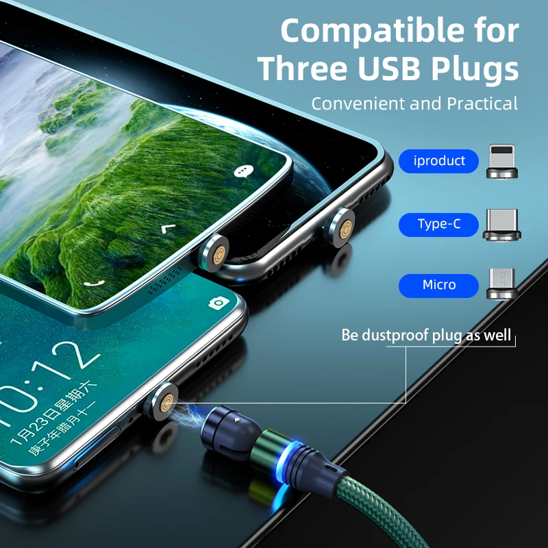 Melonboy magnetic charger 3A nylon braided micro usb c data cable 3 in 1 540 degree free rotation 18W mobile phones accessories