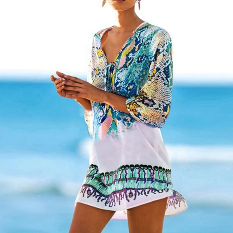 One Size Fashion 2021 Beach Caftan Swimsuit Cover Up Print Chiffon Pareo Women Robe Plage Swimwear Dress Sexy Beachwear Dresses