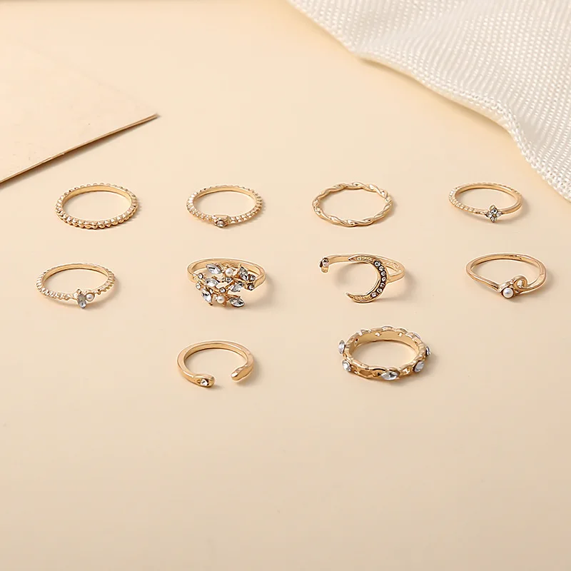 Fashion 10 Pack Ring Set Moon Star Leaf Heart Rhinestone Knuckle Rings Collection for Women