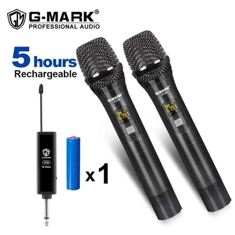 Wireless Microphone G-MARK  Recording Karaoke Dynamic Handheld Mic 2 Channels 50m Range Lithium Battery Metal Body