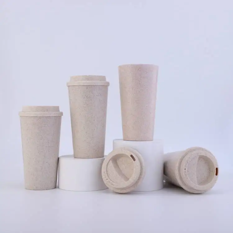 Custom Reusable Travel Mugs Bio Degradable  Wheat Straw Rice Husk Fiber Single Wall Coffee Cup