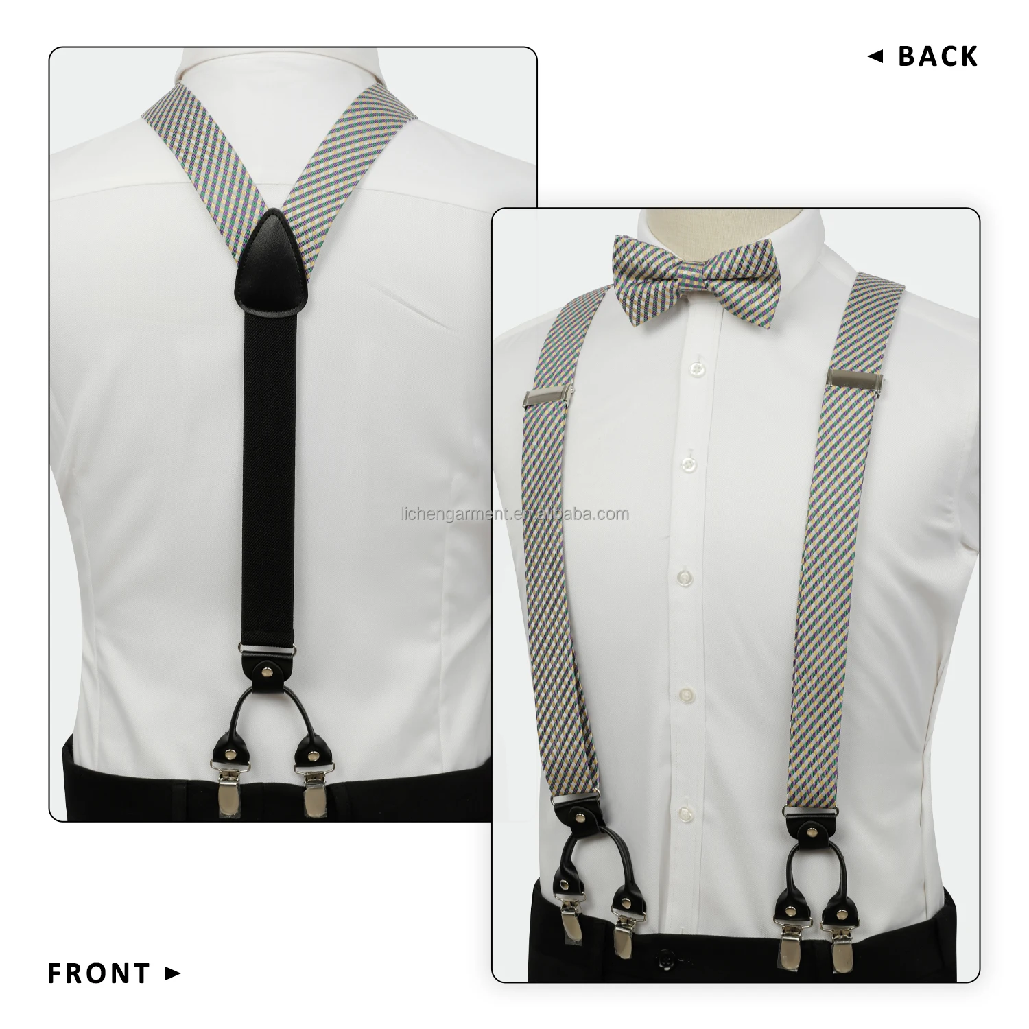 Lichen Made 100%Silk Jacquard Woven Fabric Men 6 Clips  Sharp Real Leather Button For Heavy Duty Work Adjustable Suspenders