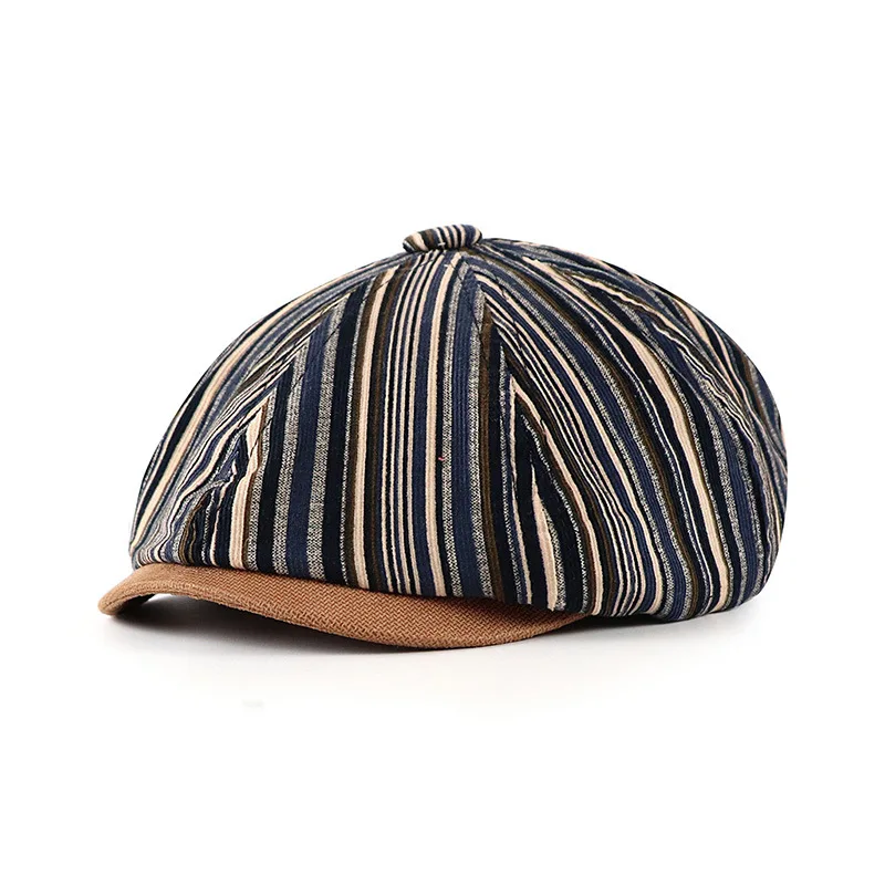 Autumn new womens retro vintage short brim newsboy cap striped british octagonal painter hat