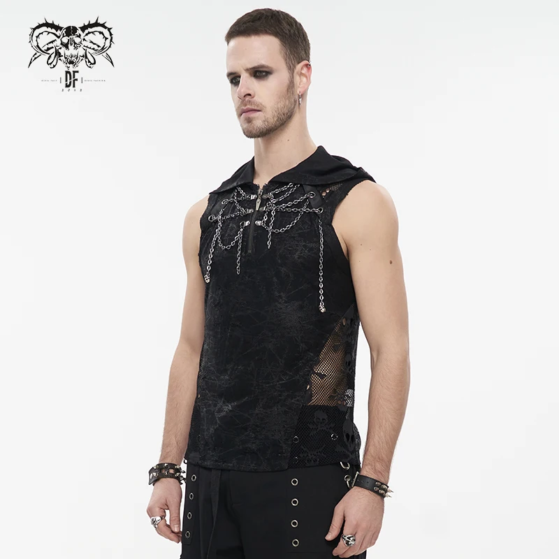 TT201 Devil Fashion Summer good elasticity printed ripped knitted short sleeve men skull black punk Hoodie with chains