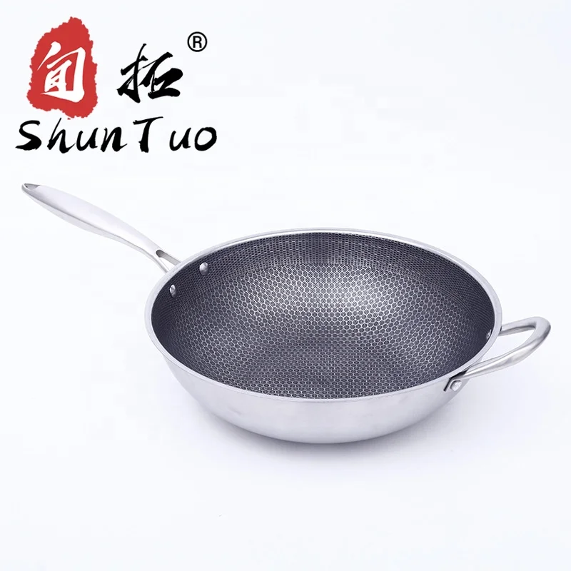 
gas two ears honeycomb nonstick Triply 304 stainless steel cooking pan induction chinese wok pan 