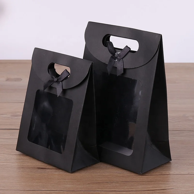 White and black window flap bow Velcro gift bag kraft paper packaging bag