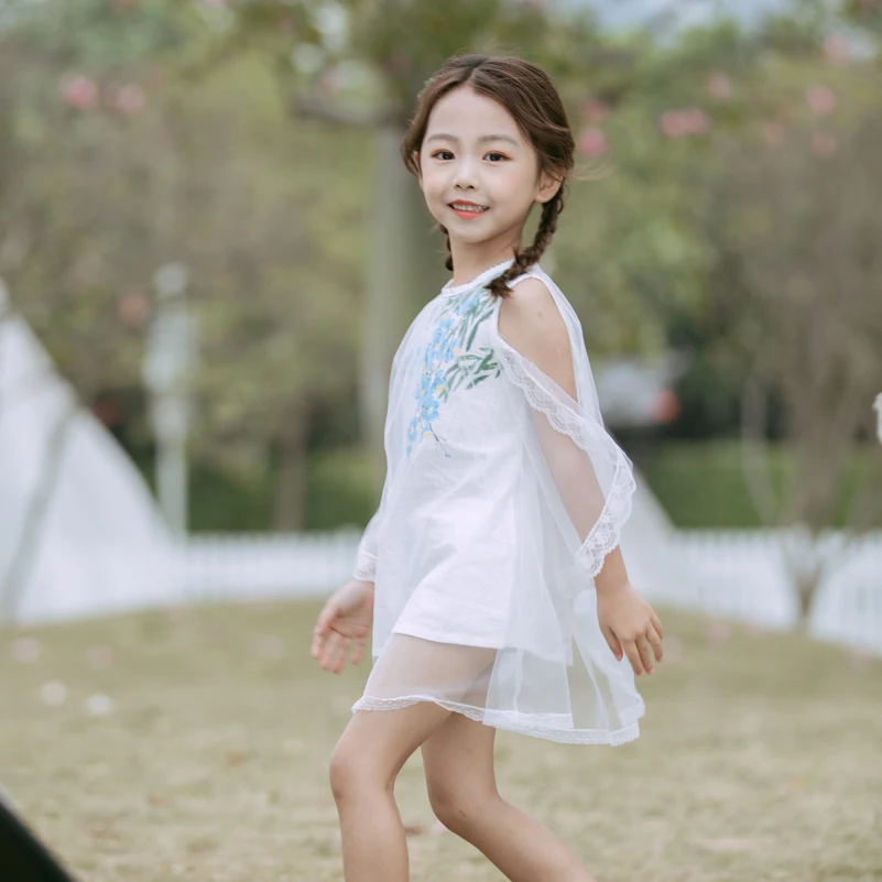 
Elegance Flower Print Mesh Overlay Cold Shoulder Smocked Dress for Girls 