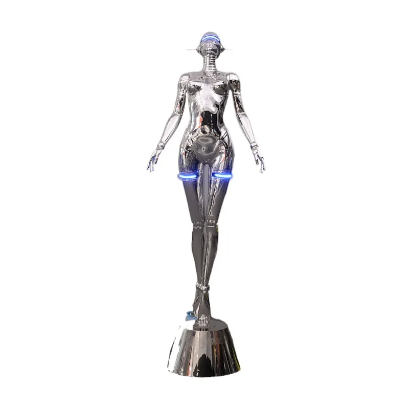 2023 New Design Women Mannequin Decor Shop Ornaments Polished Metallic Surface Sexy Robot Punk Goddess Sculpture Floor Lamp