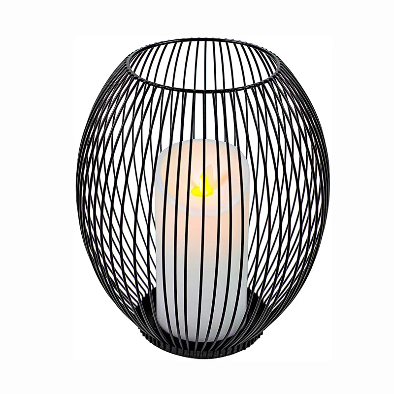 Black Metal Outdoor Wire Cage Pillar LED Candle Holder for Table Centerpiece Home Mantel Fireplace, Decorative Candle Lantern