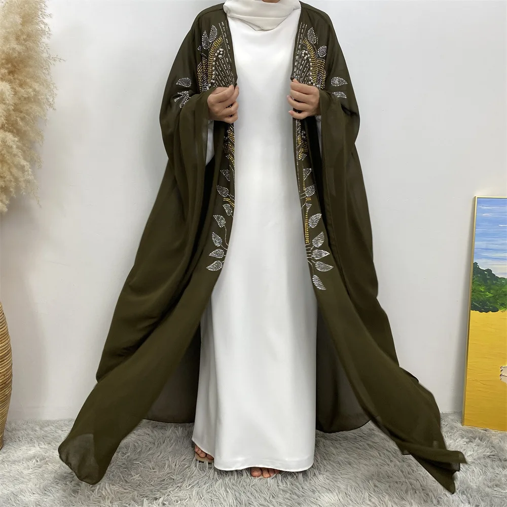 New Style Islamic Clothing Dubai Eid Modest Kimono Kaftan For Muslim Women Dress Bead Rhinestone Batwing Chiffon Open Abaya