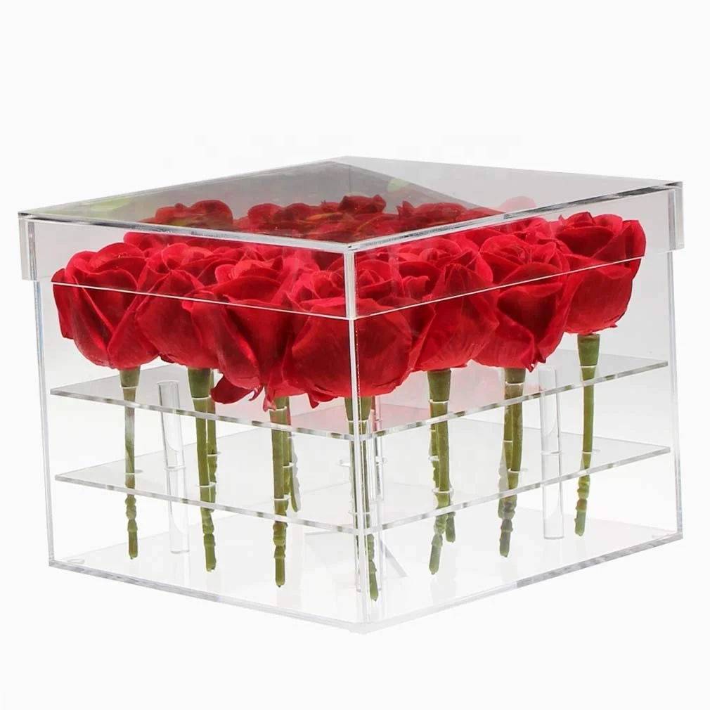 Wholesale Acrylic Square Clear Flower Box Preserved Rose Display Bridal Bouquet Large Gift Acrylic Preserved Fresh Roses Case