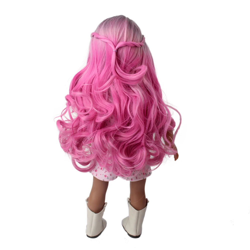 Delicate Rose Pink Medium Split Wavy Curly Hair Doll For Girls Toy Kids Synthetic Wig
