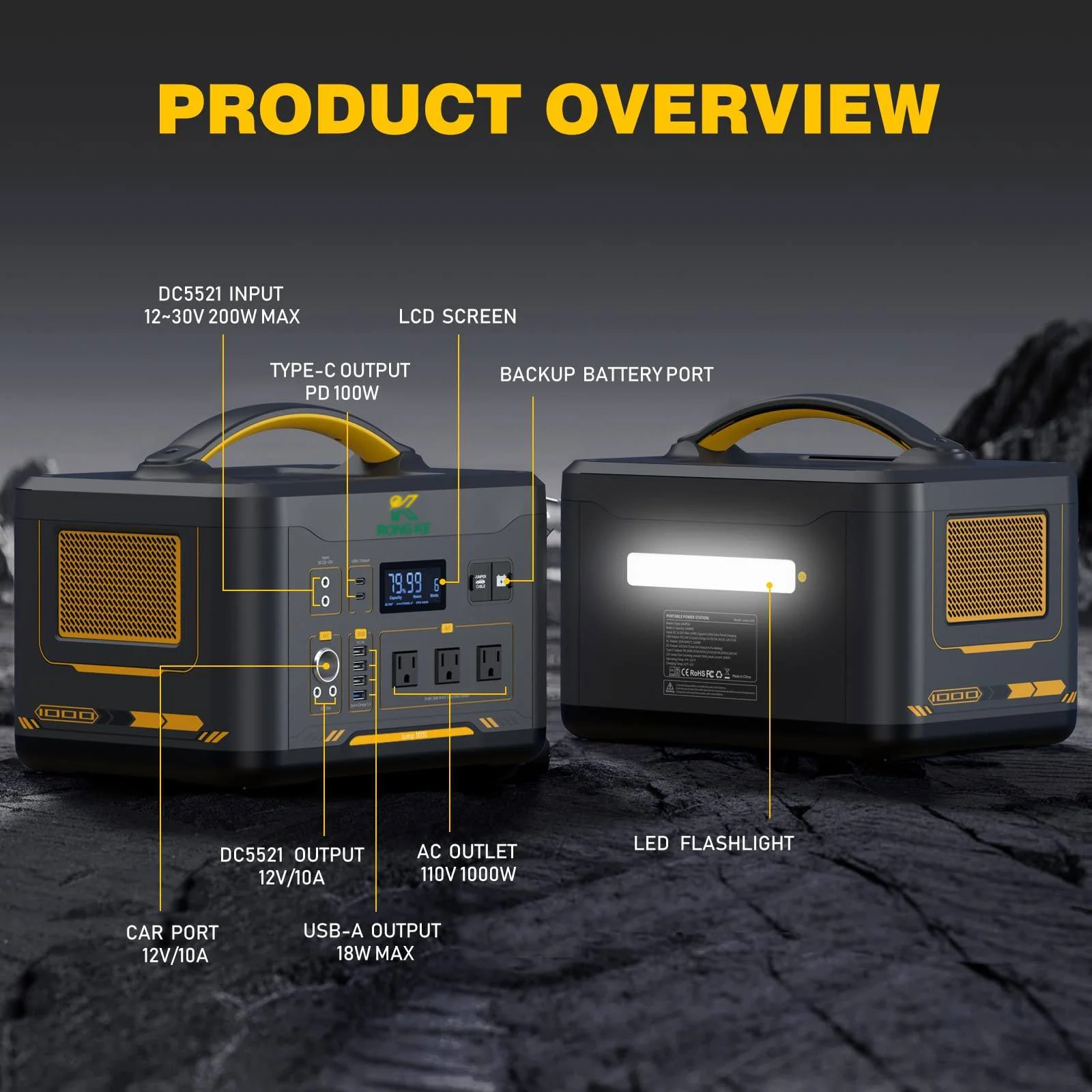 Portable Power Station 1000W 1408Wh Solar Generator with Capacity Expandable 1000W Constant-Power LiFePO4 Battery