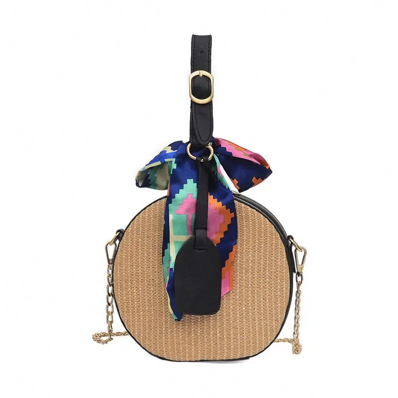 
Плетеная пляжная сумочка из ротанга, круглая сумка-мессенджер с цветной лентой на цепочке, Дамский саквояж на плечо с царапинами 