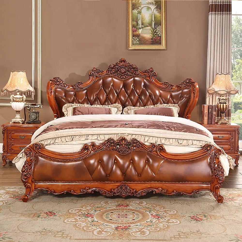 Royal Wooden King Size Bed Luxury Villa Family Hotel Furniture Princess Bed Double Bed