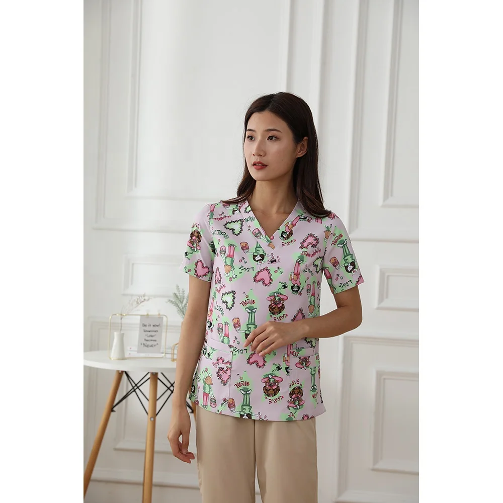 100% Cotton Women Printing Medical Scrub Suit Hospital Medical Scrubs Custom Doctor Uniforms Clinic Dentist Uniform with Logo