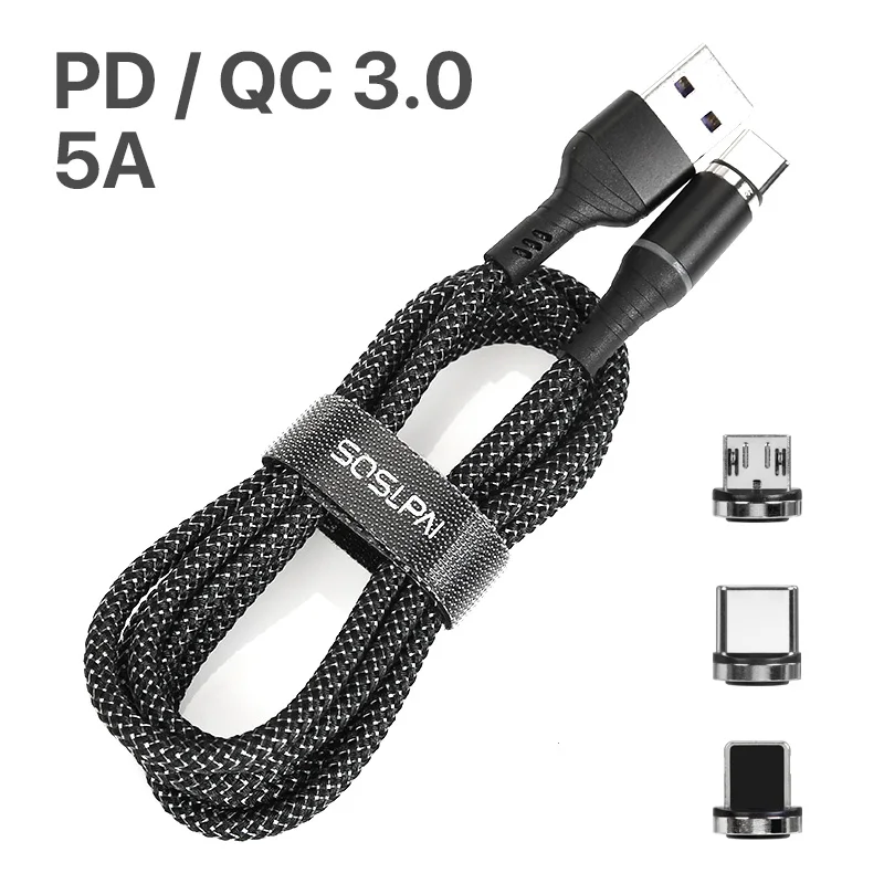 SOSLPAI new design for iphone usb cable nylon braided 5A fast charger 3 in 1 magnetic usb charging cable