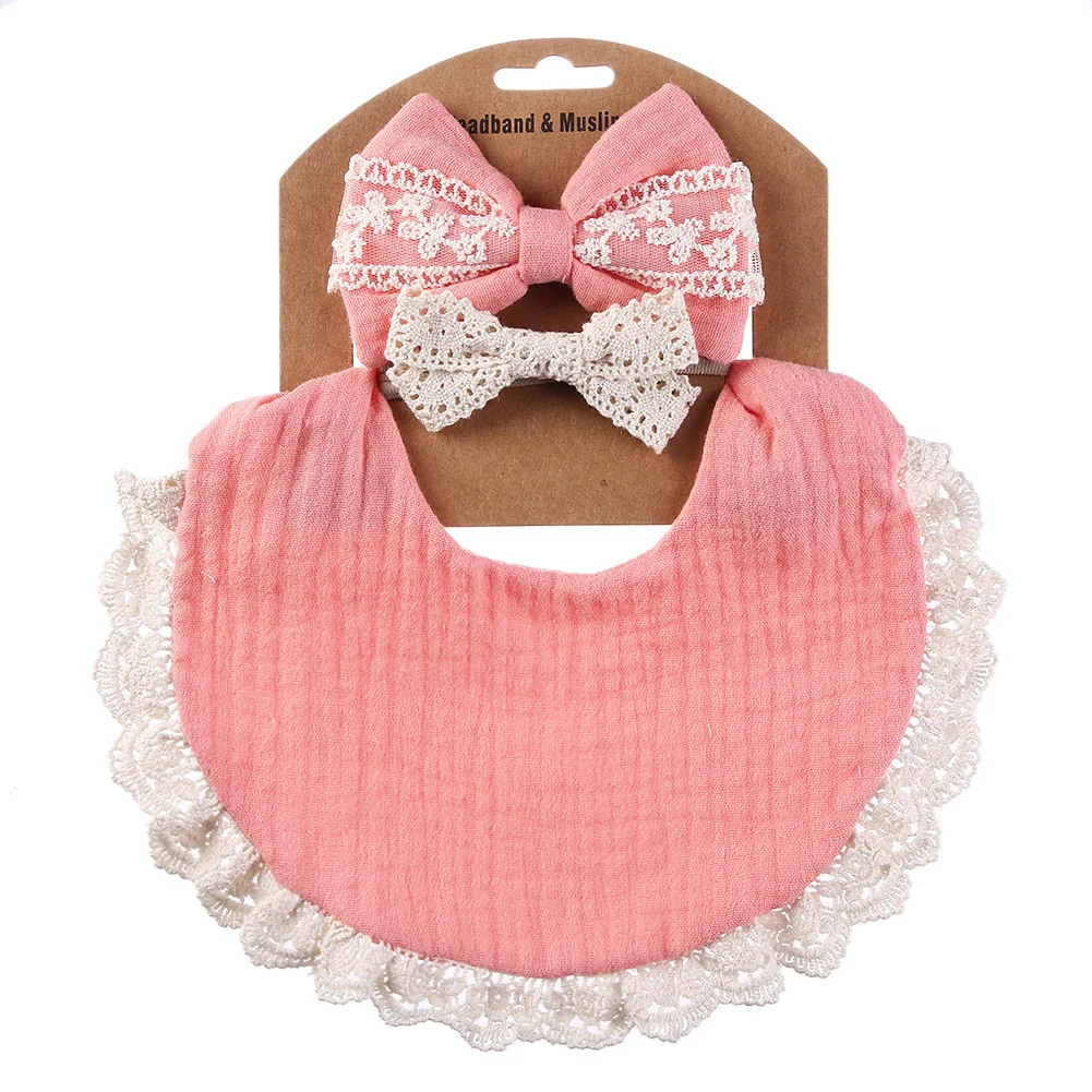2024 hot sale 3 Pcs Cotton Linen Bib Burp Clothes Newborn Girl double sided solid lace trim drool baby muslin bib and bow
