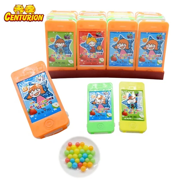 Wholesale mobile phone plastic toys filled colorful round pearl shaped fruity pressed candy sweet toy
