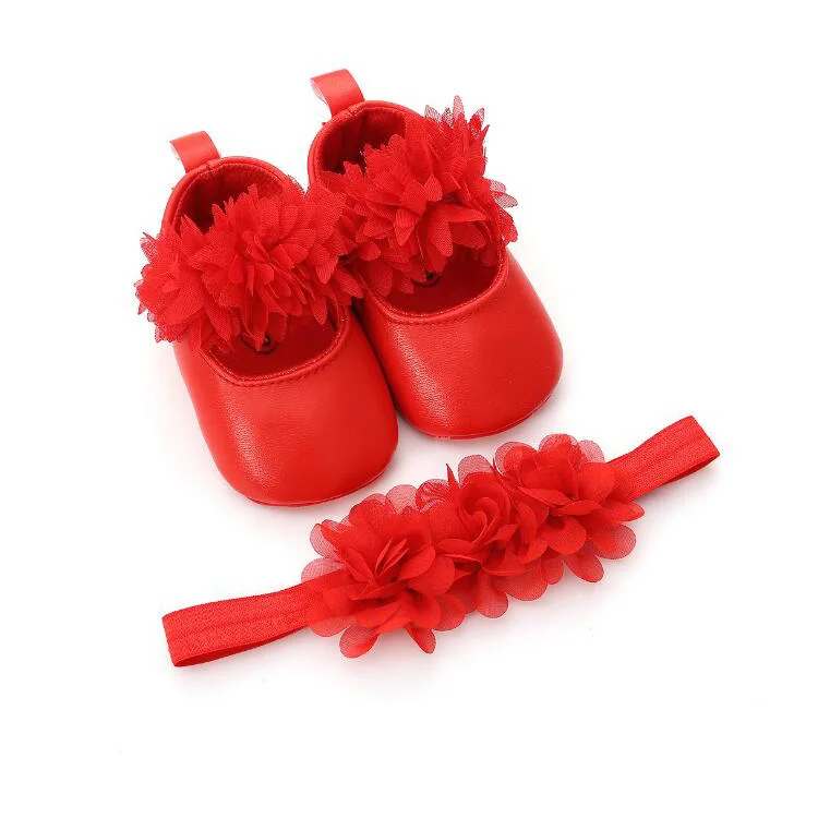 Cute Flower 0-1 Year Old Baby Toddler Shoes Soft Bottom Baby shoes with Headband sets