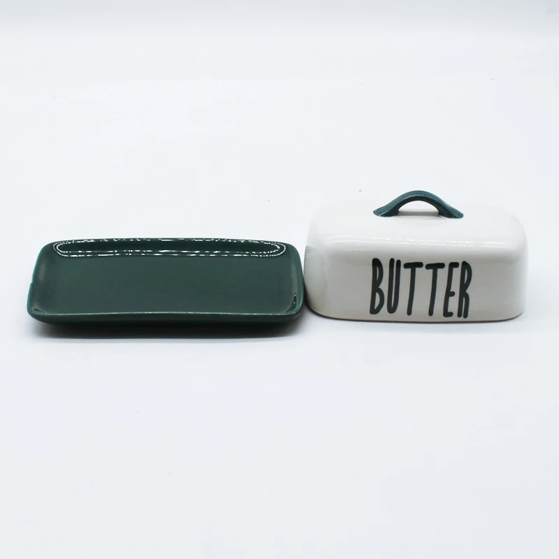 Custom body butter storage box ceramic kitchen white rectangle butter dish with lid