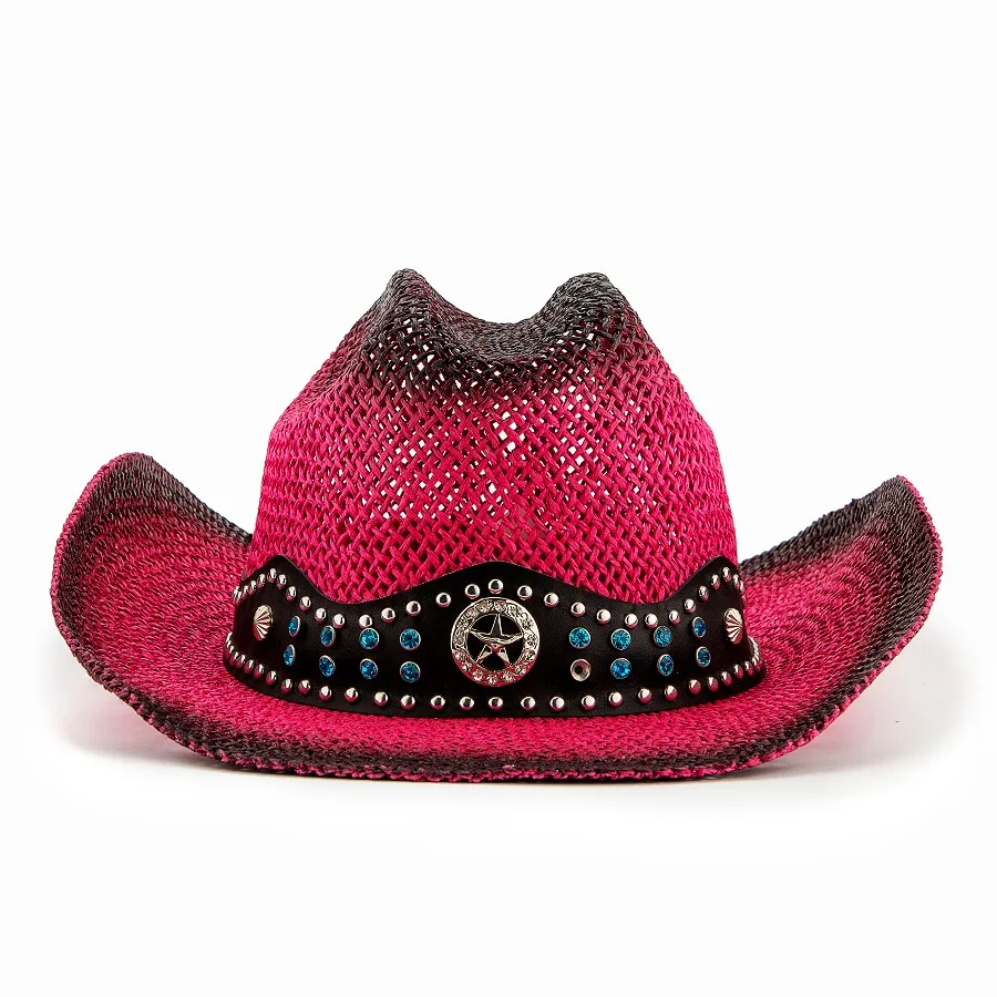 Summer Sunscreen roll-brimmed straw hat Rose red cowboy hat Outdoor vacation seaside beach hat