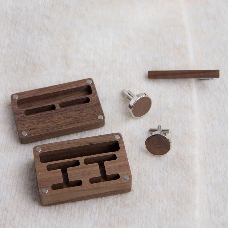 Walnut Box Wooden Gift Set with Tie Clip and cuff-link Engravable Name Laser