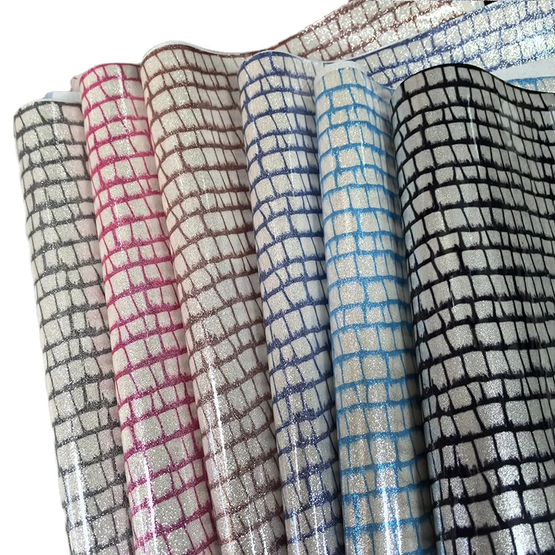 Custom Plaid Glitter Synthetic Microfiber Leather TPU Film Sparkly Shiny Synthetic Vinyl PU Glitter Fabric For Shoes Bags use