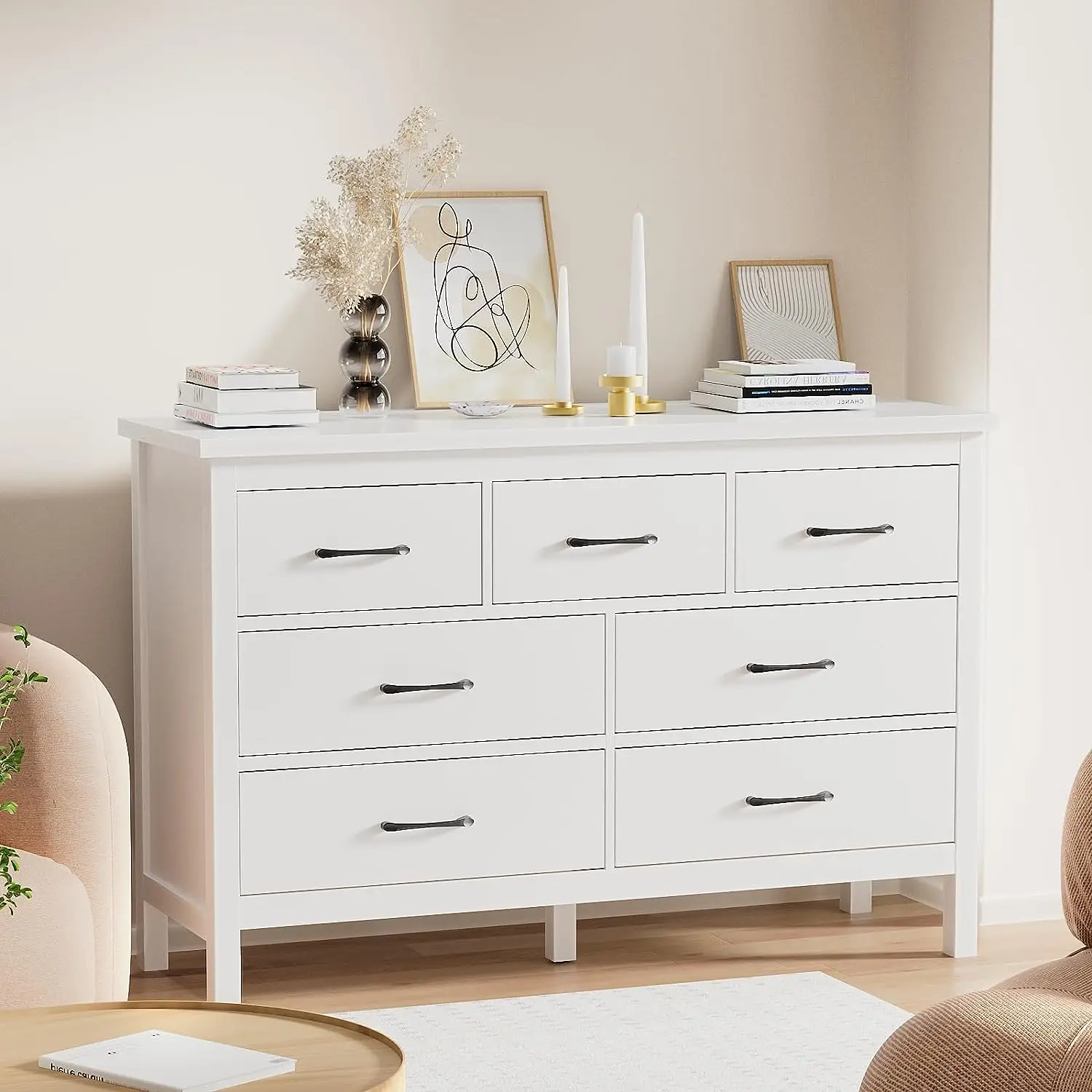 White Dresser for Bedroom, 7 Drawer Dresser with Metal Handles, Modern Wood Chest of Drawers for Living Room, Entryway