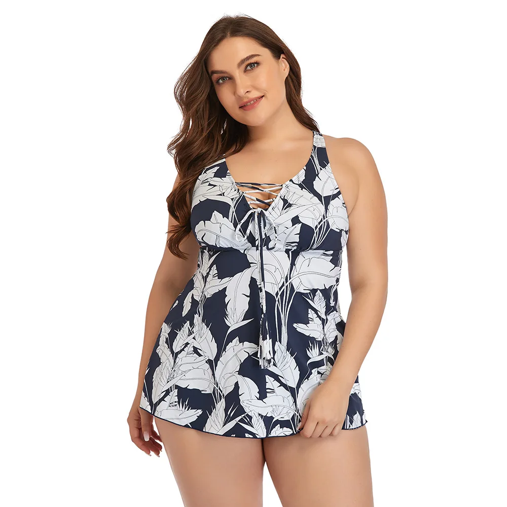 V-neck tie rope ladies print plus size swimsuit skirt-style swimsuit with boxer swim trunks split swimsuit suit