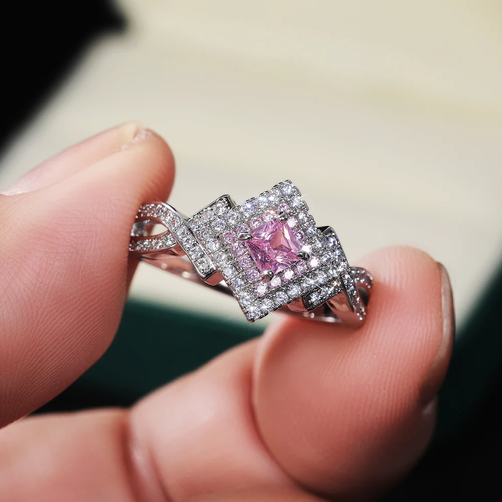 CAOSHI 2021 Sweet Glitter Rings Lady Girls Princess Square Shiny Pink Zircon Rings Silver Lovely Rings Square