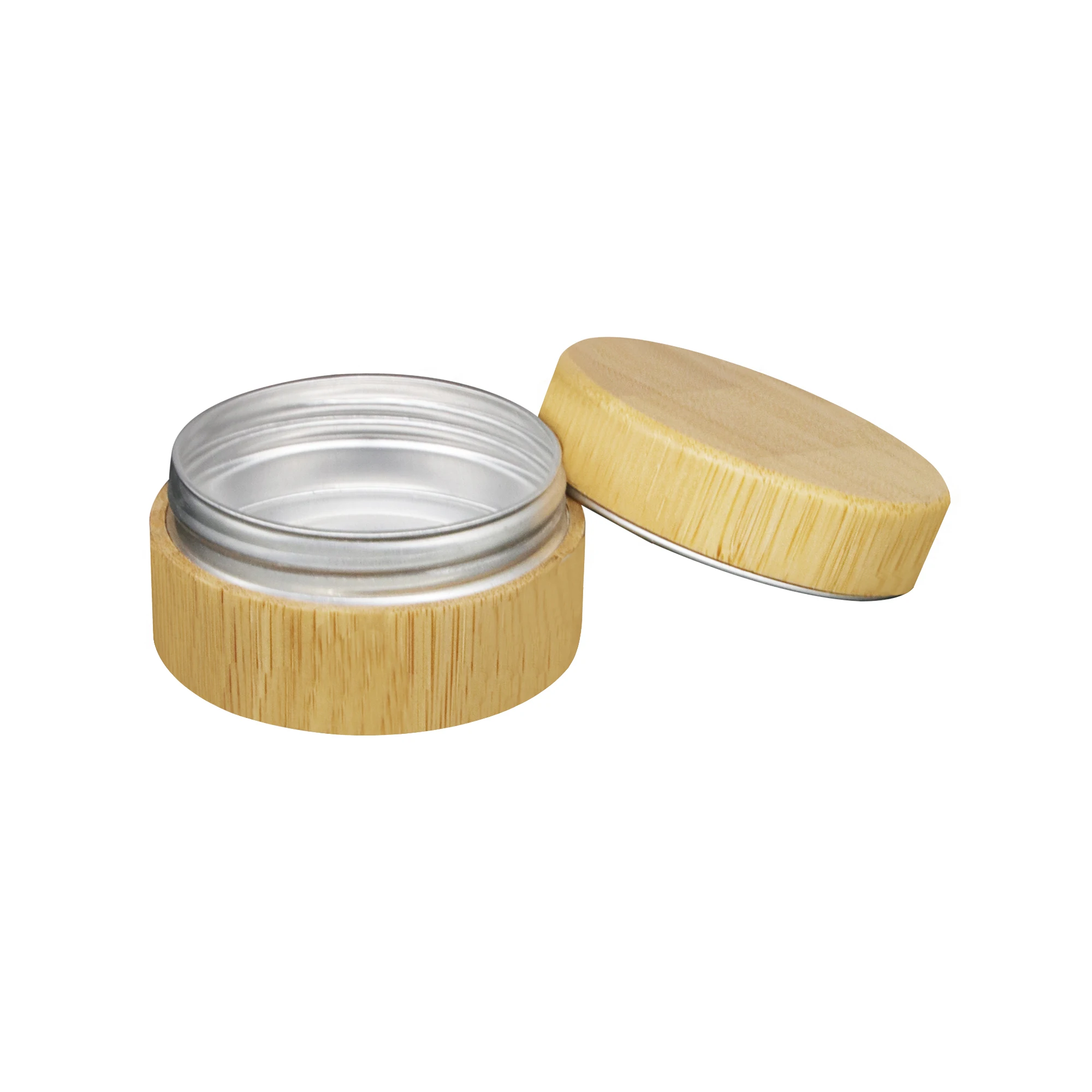 wholesale portable 30g 1oz bamboo aluminum jar for free sample cosmetic packaging bamboo wooden cream jar