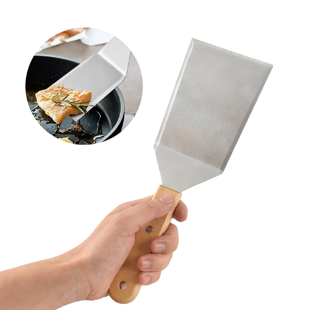Stainless Steel Grill Tools Kitchen Frying Shovel Cooking Turner Flat Shovel Steak BBQ Spatula with Wood Handle