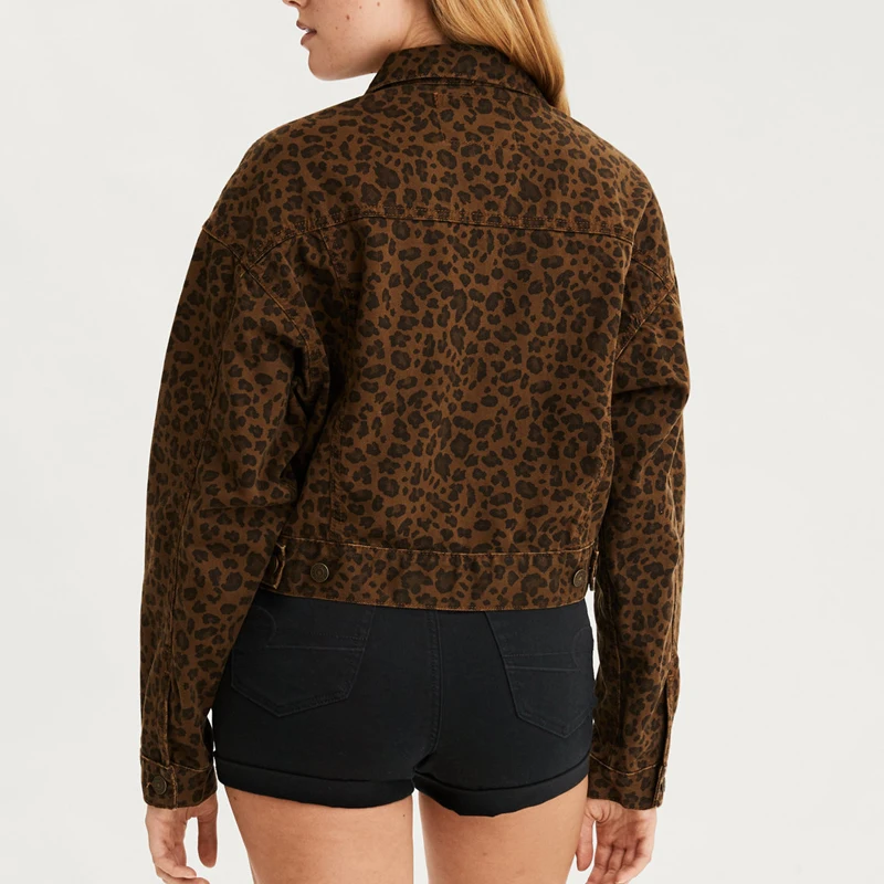 Fashionable  anti-shrink denim women Leopard crop jackets customized jeans jackets for ladies
