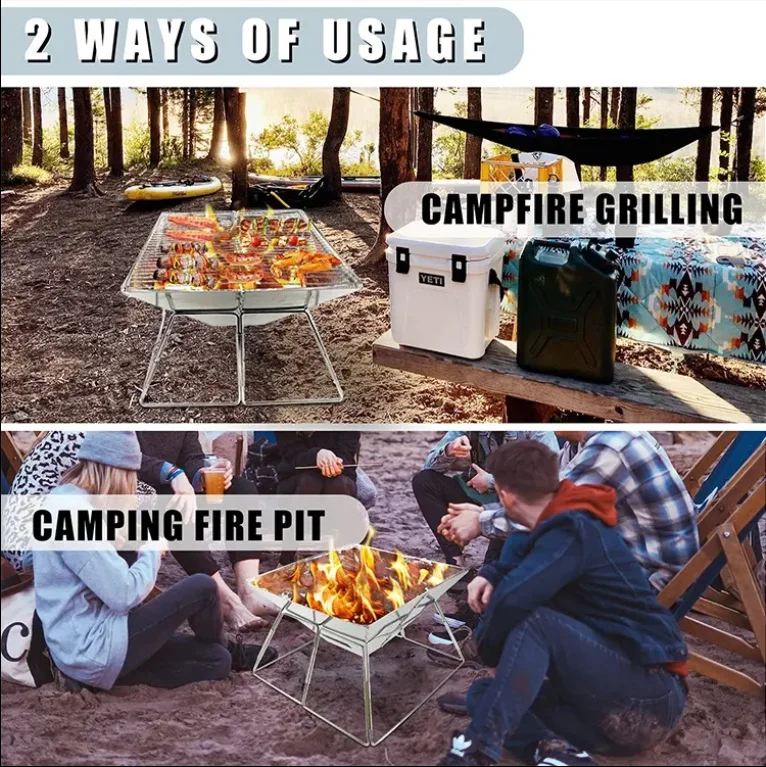 Foldable Thickened Stainless steel Barbecue Pit Wood Burning Charcoal Grill for Backpacking Outdoor Hiking Camping Customized