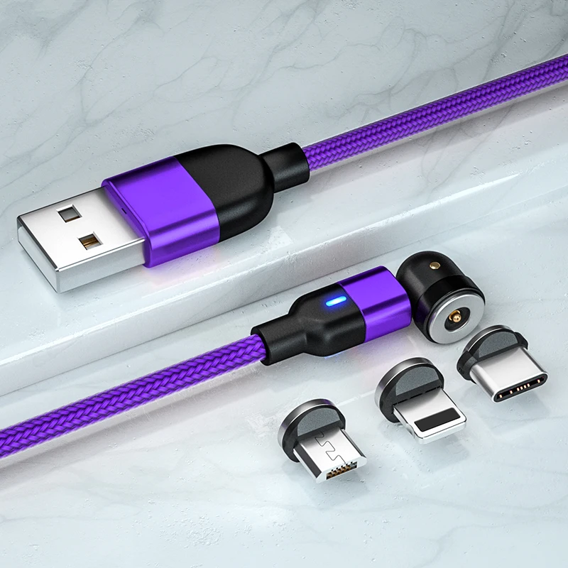 2022 L-shaped bending rotate usb magnetic 3 in 1 usb charging cable data cables for all mobiles phones LED cables
