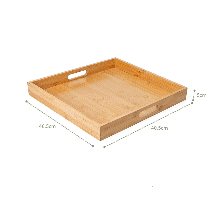 Natural Large Square Wood Serving Tray For Coffee Tea Dinner Breakfast Bamboo Serving Tray With Handle