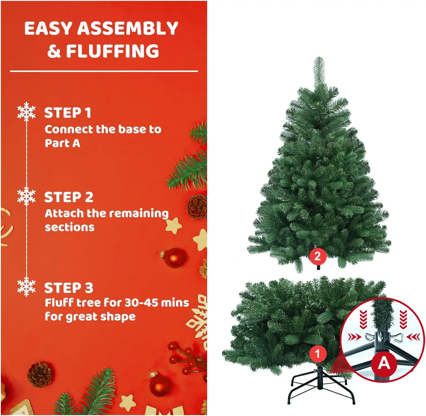 Artificial PVC branch tips, high-end spruce Christmas tree with foldable base and unlit hinges 3