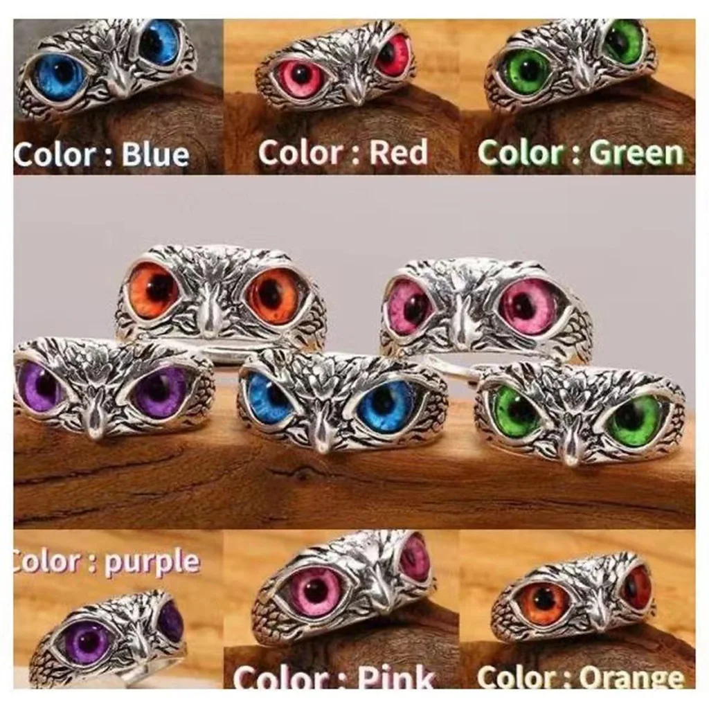 S925 Plain silver retro Blue glasses Owl accessory Ring for men and women designed owl rings