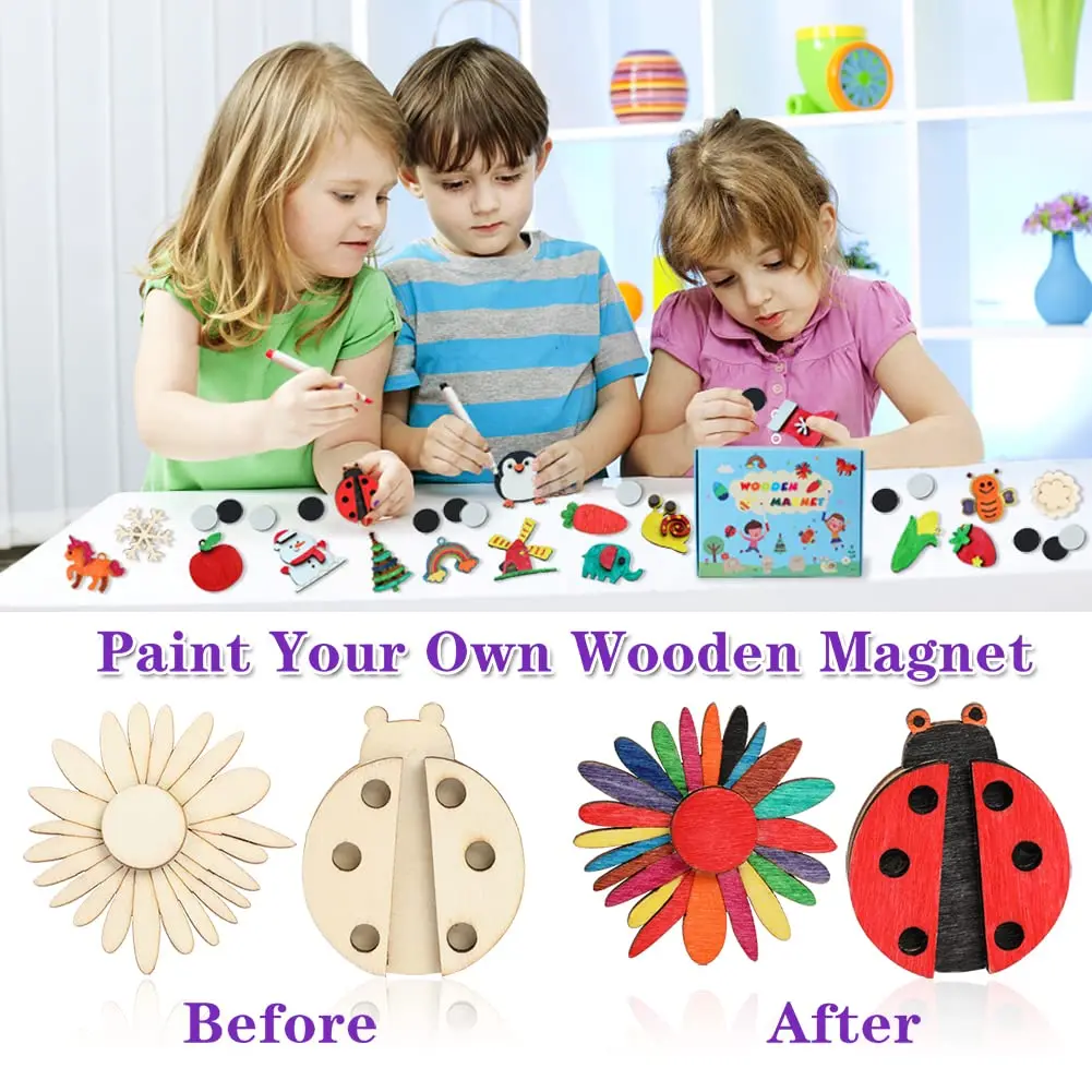 DIY Wooden Art Craft Magnets 36 pcs Painting Kit for Kids Party Favors for Boys Girls Birthday Gift