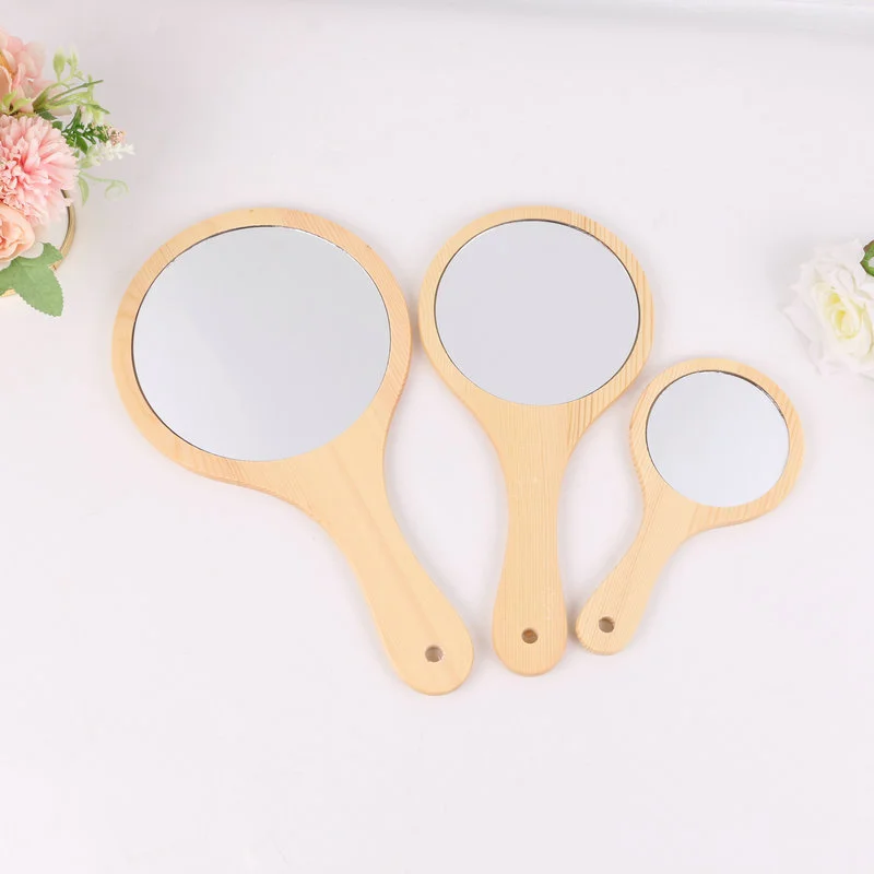 Wholesale  Wooden beauty salon hand-held cosmetic mirror Pocket Mirror With Handle bamboo