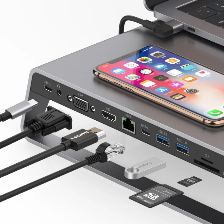 
HKK - Type C notebook stand with wireless charger + H D M I+ VGA +Lan +USB 3.0*2+Type C*2+SD+micro SD 