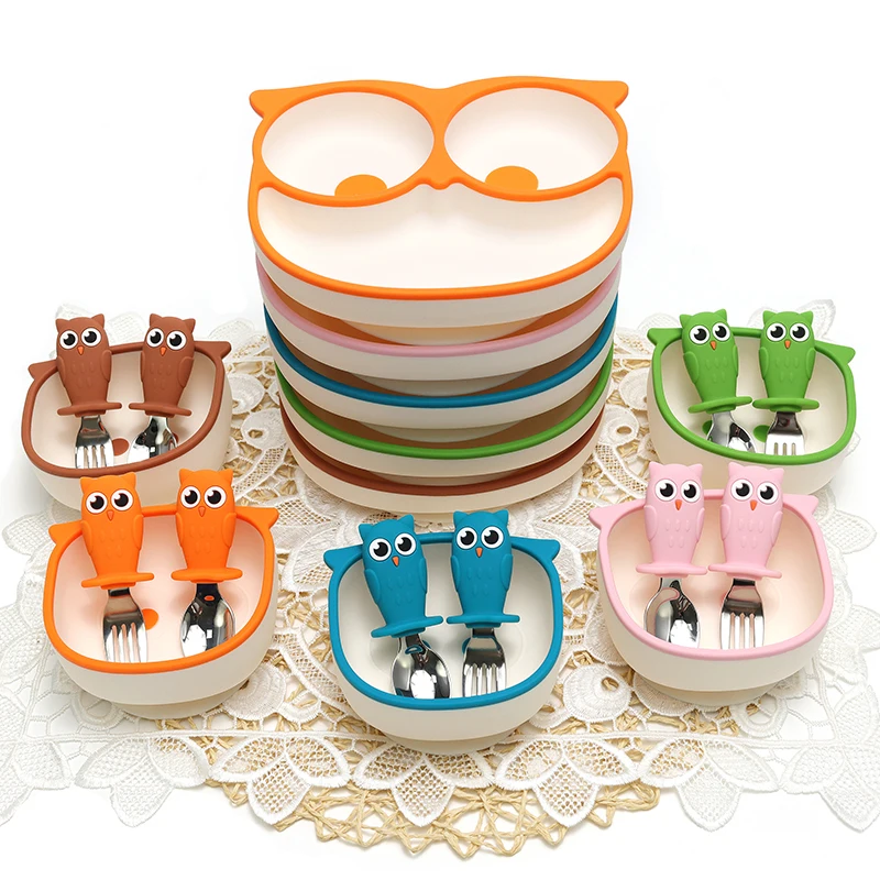 Food Grade Silicone Colorful Owl Shape Feeding Set For Babies and Kids No BPA & PVC Free