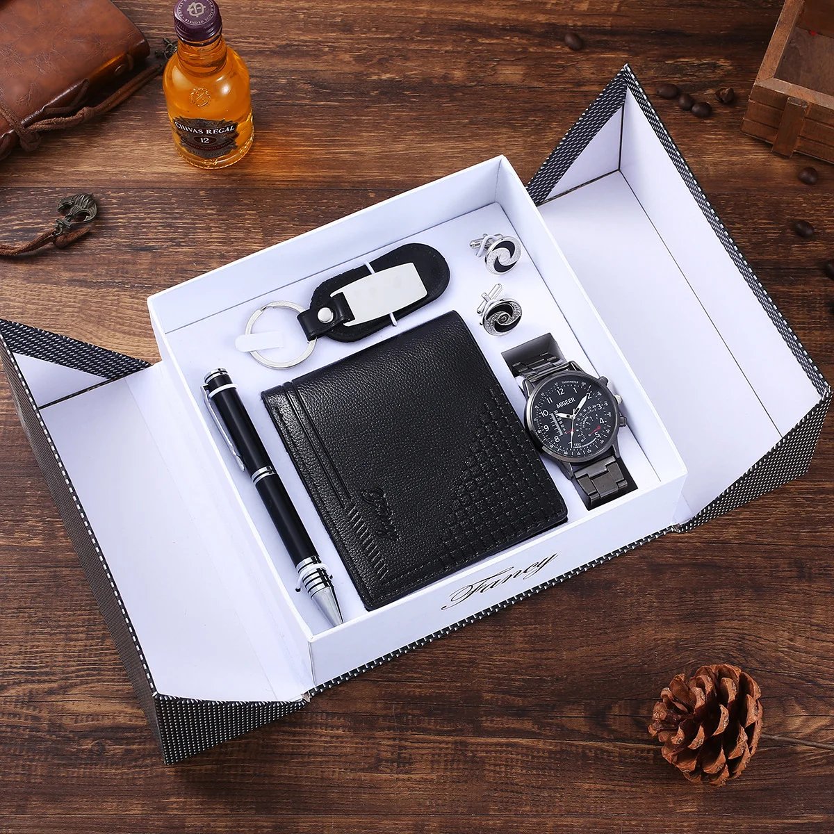 High Quality Luxury Gift Sets Corporate Business Gift Sets Fashion Gifts 5 Pieces/Set with Wallet+Cufflinks+Keychain+Watch+Pen