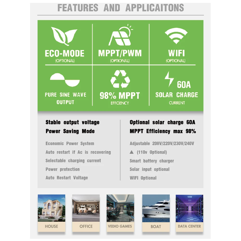 Hybrid Solar Power Inverter 5.5KW Single Phase DC AC Inverter 50/60hz Hybrid Solar System 100V Start Volta Lead-Acid Stock